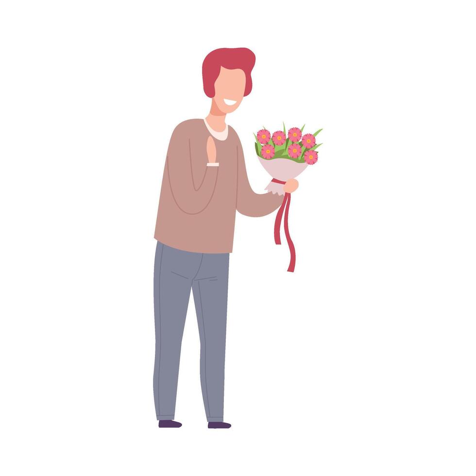 Young Man Holding Bouquet of Flowers, Holiday Congratulations, Romantic Date Illustration vector
