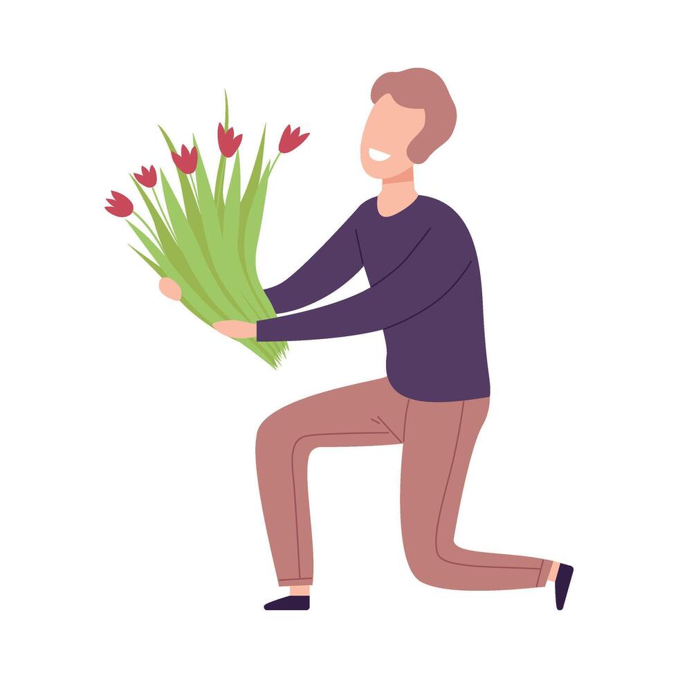 Man Kneeling Down with Bouquet of Flowers, Holiday Congratulations, Romantic Date Illustration vector