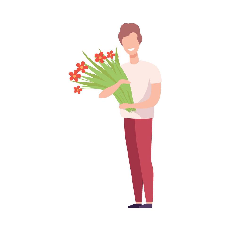 Smiling Young Man Holding Bouquet of Flowers, Holiday Congratulations, Romantic Date Illustration vector