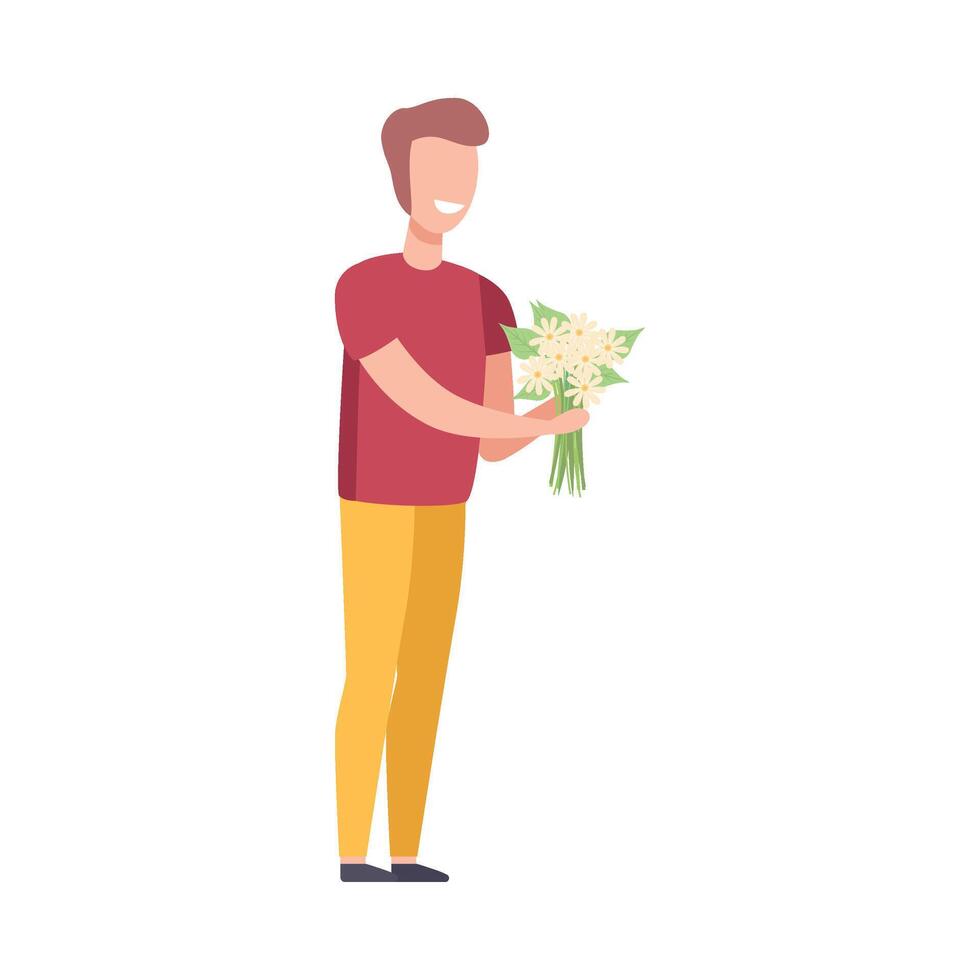 Smiling Man Holding Bouquet of Flowers, Holiday Congratulations, Romantic Date Illustration vector