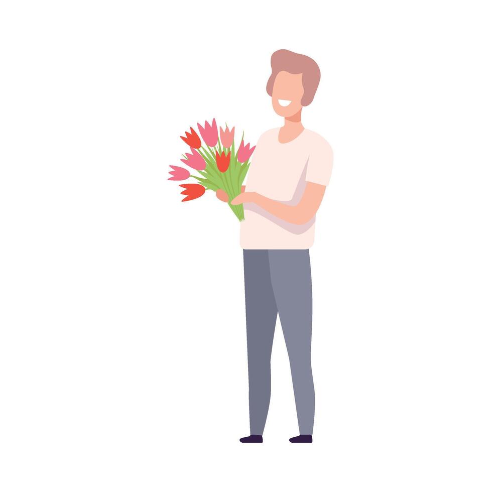 Smiling Man Standing with Bouquet of Flowers, Holiday Congratulations, Romantic Date Illustration vector