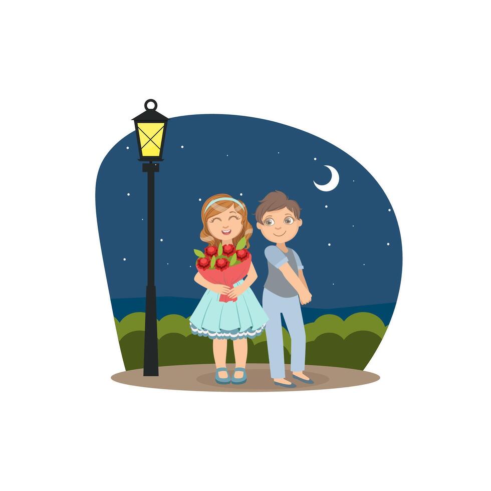 Happy Boy and Girl Walking in the Park at Night Under the Moon, Friendship and Love Between Kids, Happy Valentine Day illustration vector