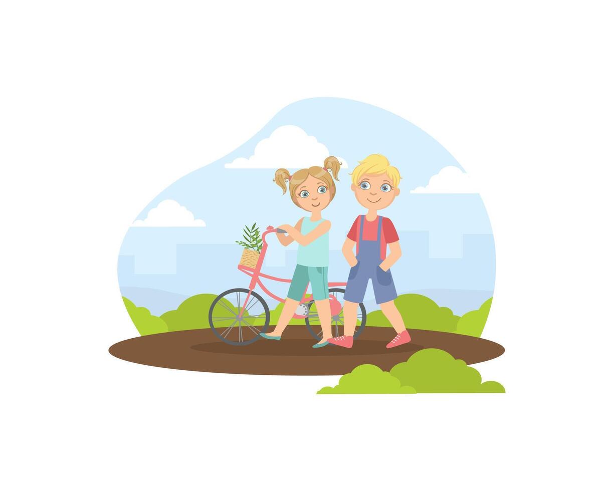 Boy and Girl Walking with Bicycle, Friendship and Love Between Kids, Happy Valentine Day illustration vector