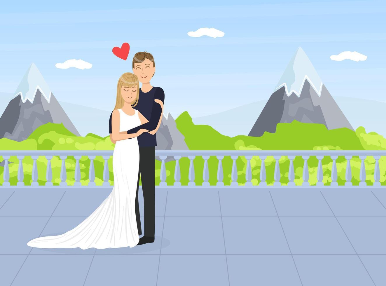 Wedding Day, Happy Just Married Couple, Romantic Bride and Groom Hugging on Mountain Landscape Illustration vector