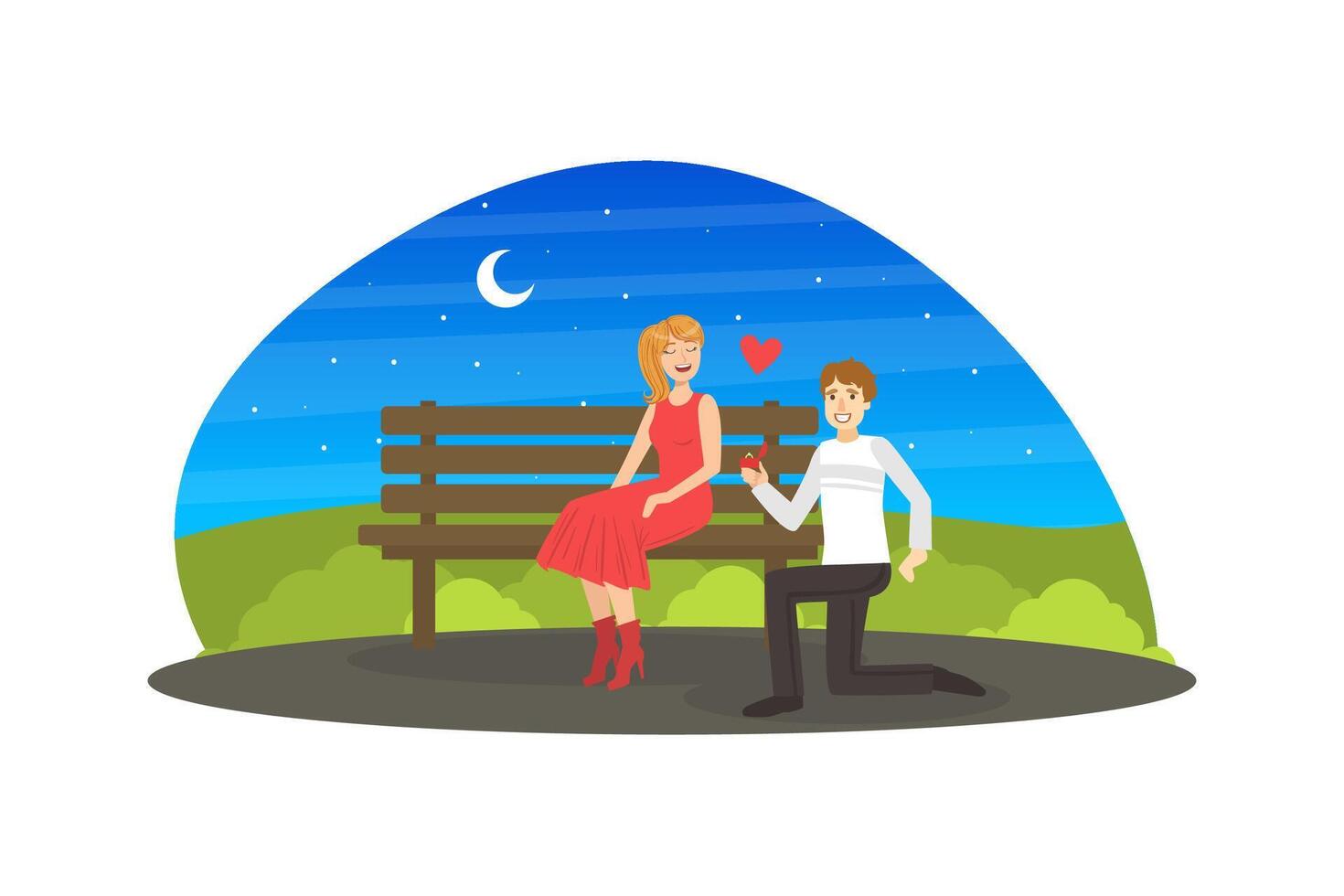 Happy Man Proposing Marriage to Beautiful Woman, Smiling Man Kneeling Down with Ring in Park at Night, Loving Couple on Romantic Date Illustration vector