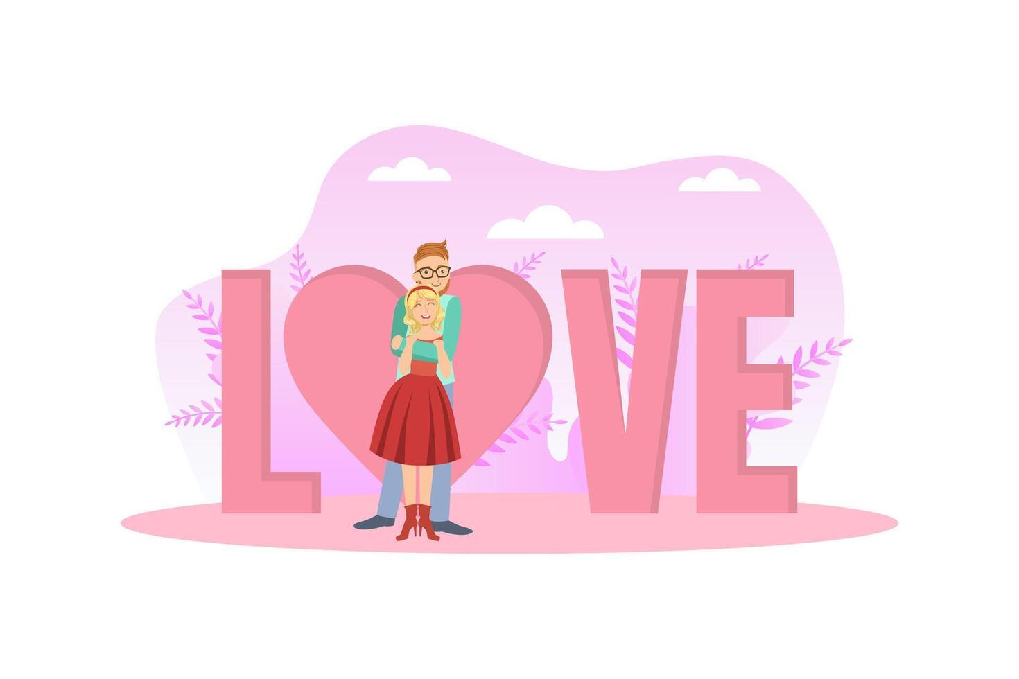 Smiling Young Man and Woman Hugging while Standing in Front of Love Big Word, Happy Loving Couple on Romantic Date Illustration vector