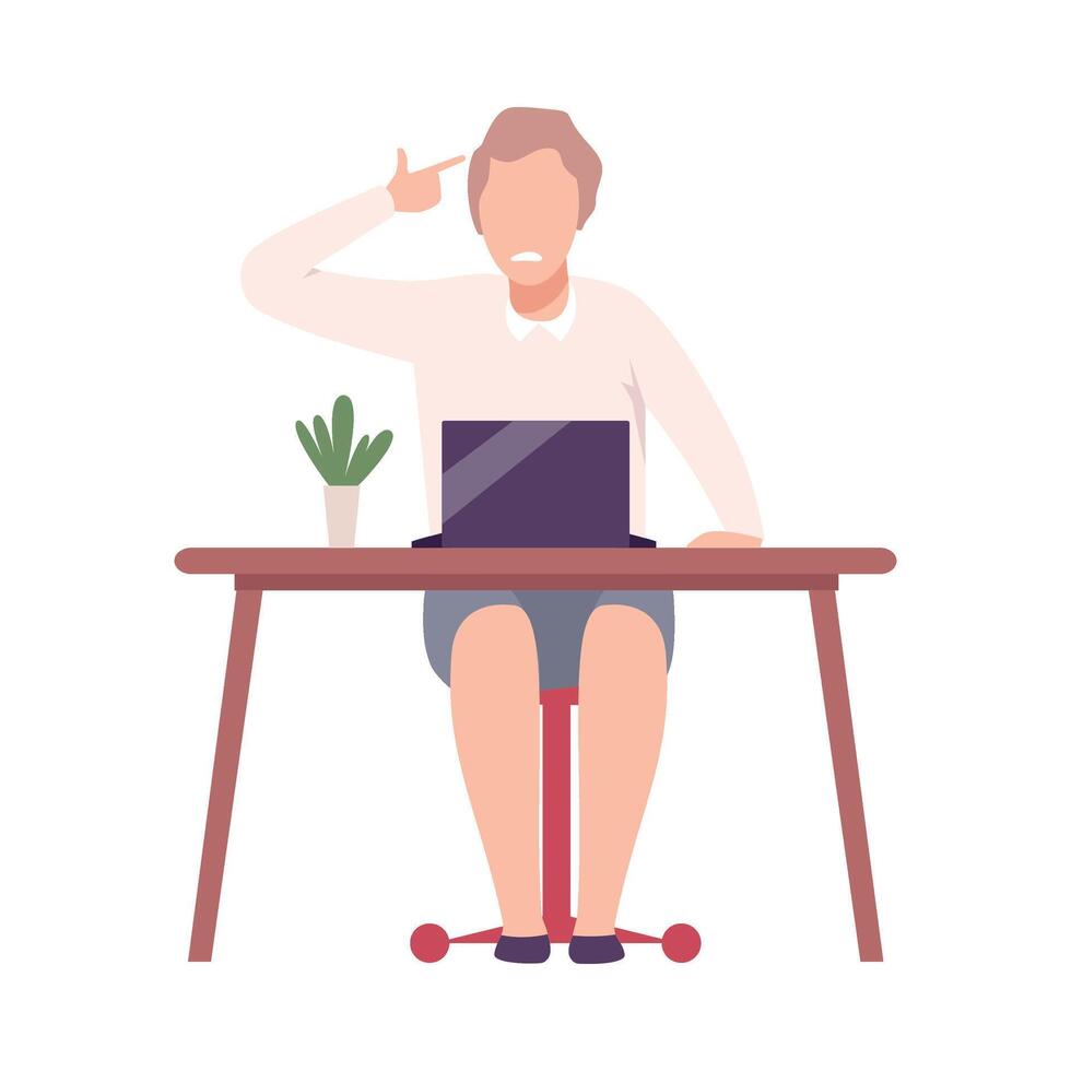 Businesswoman Sitting at the Desk and Gesturing Gun Fingers at his Temple Flat Illustration vector