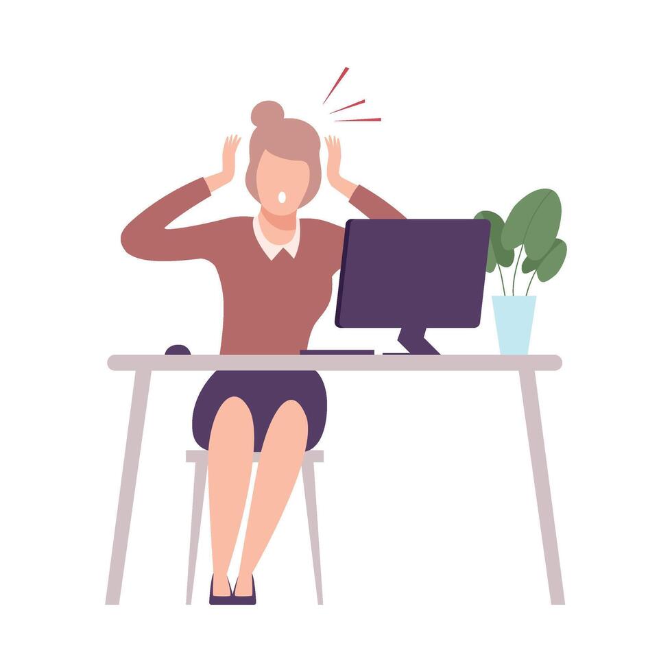 Stressed Businesswoman Sitting at the Desk Working at Computer, Young Woman Looking Scared into Computer Screen Flat Illustration vector