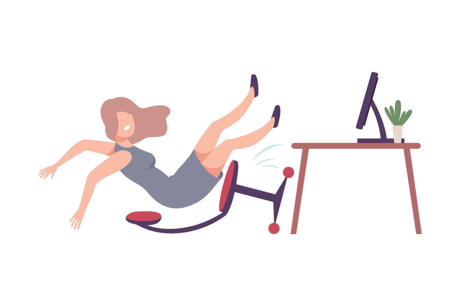 Shocked Businesswoman Falling Backwards in Office Chair, Young Woman Scared Looking into the Computer Screen Flat Illustration vector