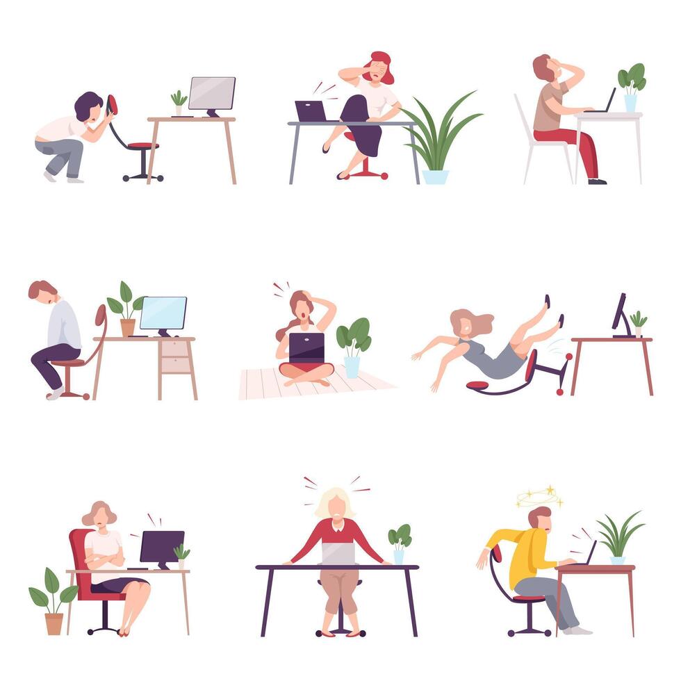Collection of Shocked and Scared People Sitting at the Desks Looking into Computer Screens Flat Illustration vector