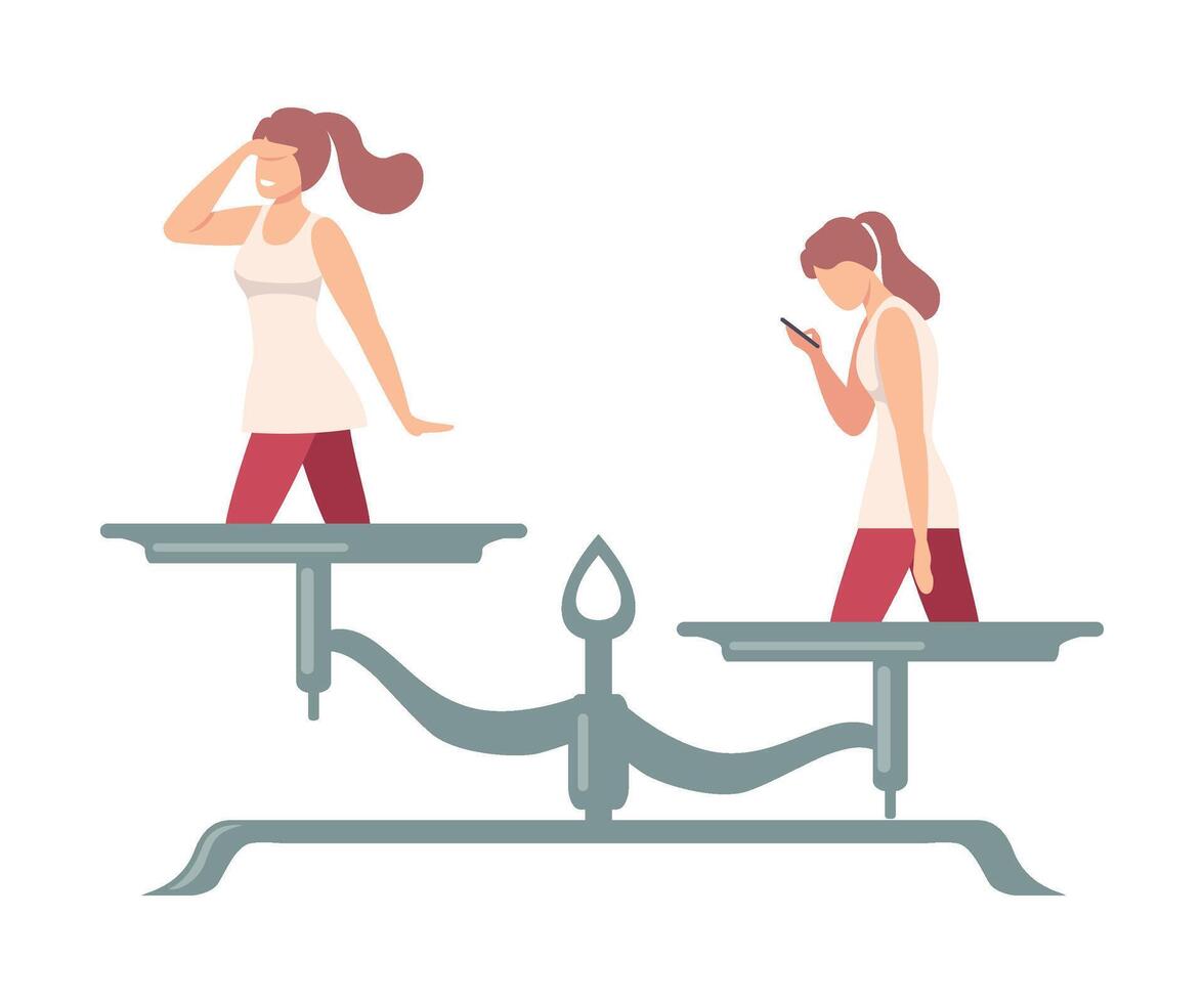 Girl Looking into the Distance is on One Side of Scale, Girl with Smartphone on the Other, Scales with Bad and Good Habits, Choosing Between Healthy and Unhealthy Lifestyle Flat Illustratio vector