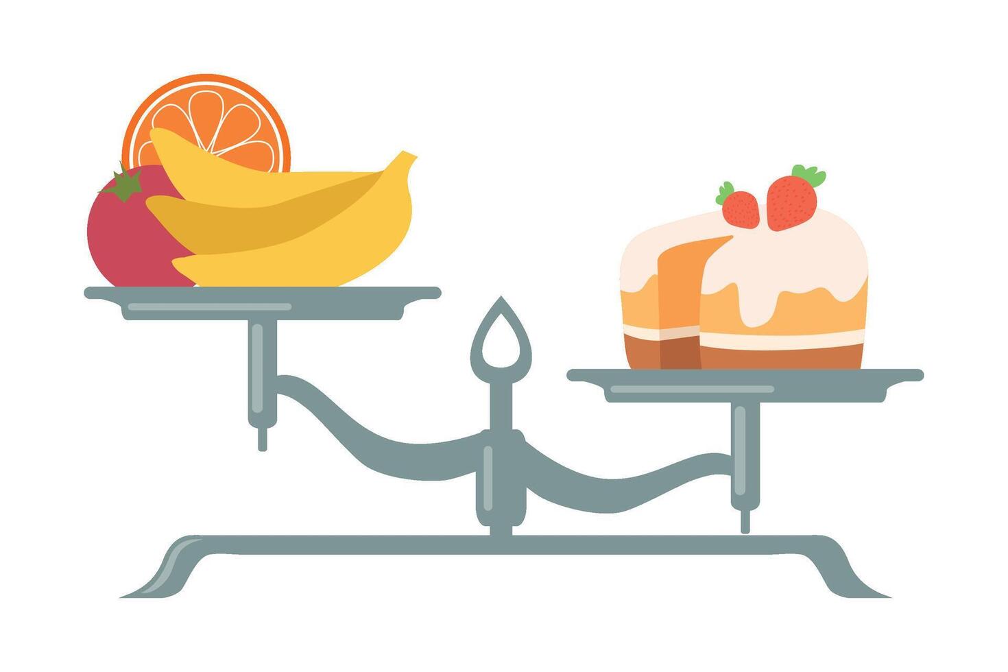 Fresh Fruits and Vegetables are on One Side of Scale, Sweet Dessert on the Other, Scales with Bad and Good Habits, Choosing Between Healthy and Unhealthy Lifestyle Flat Illustration vector