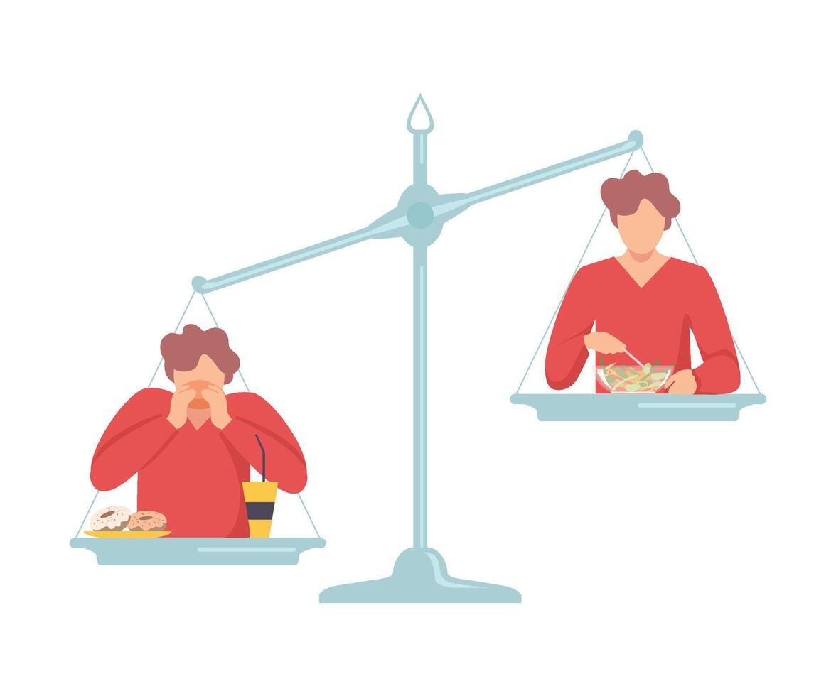 Fat Man Eating Fast Food is on One Side of Scales, Guy with Healthy Food on the Other, Bad and Good Habits, Choosing Between Healthy and Unhealthy Lifestyle Flat Illustration vector