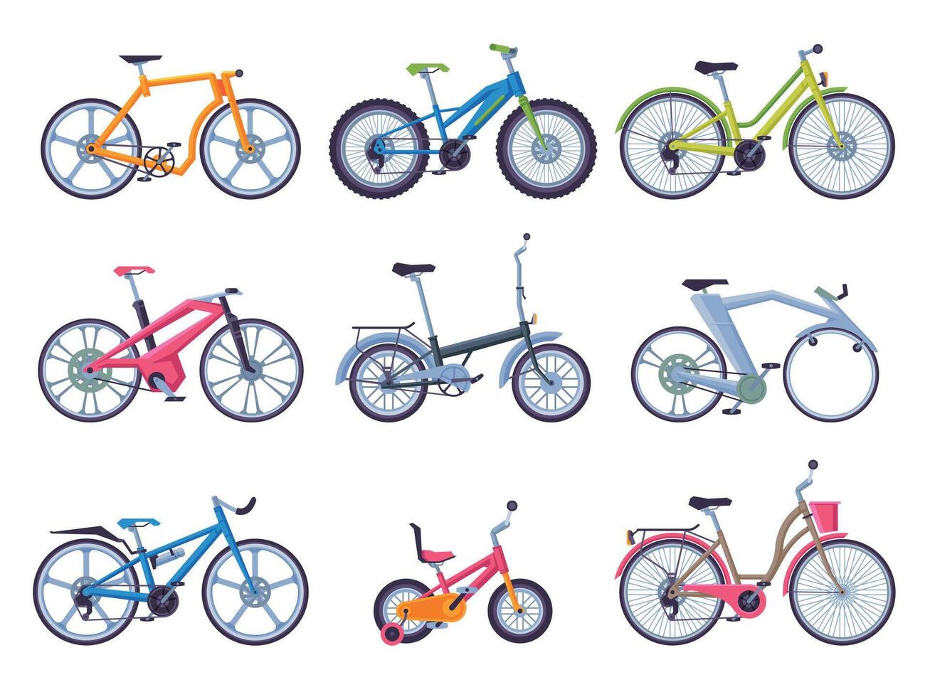 Collection of Various Bicycles, Ecological Sport Transport, Modern and Retro Bikes, Side View Flat Illustration vector