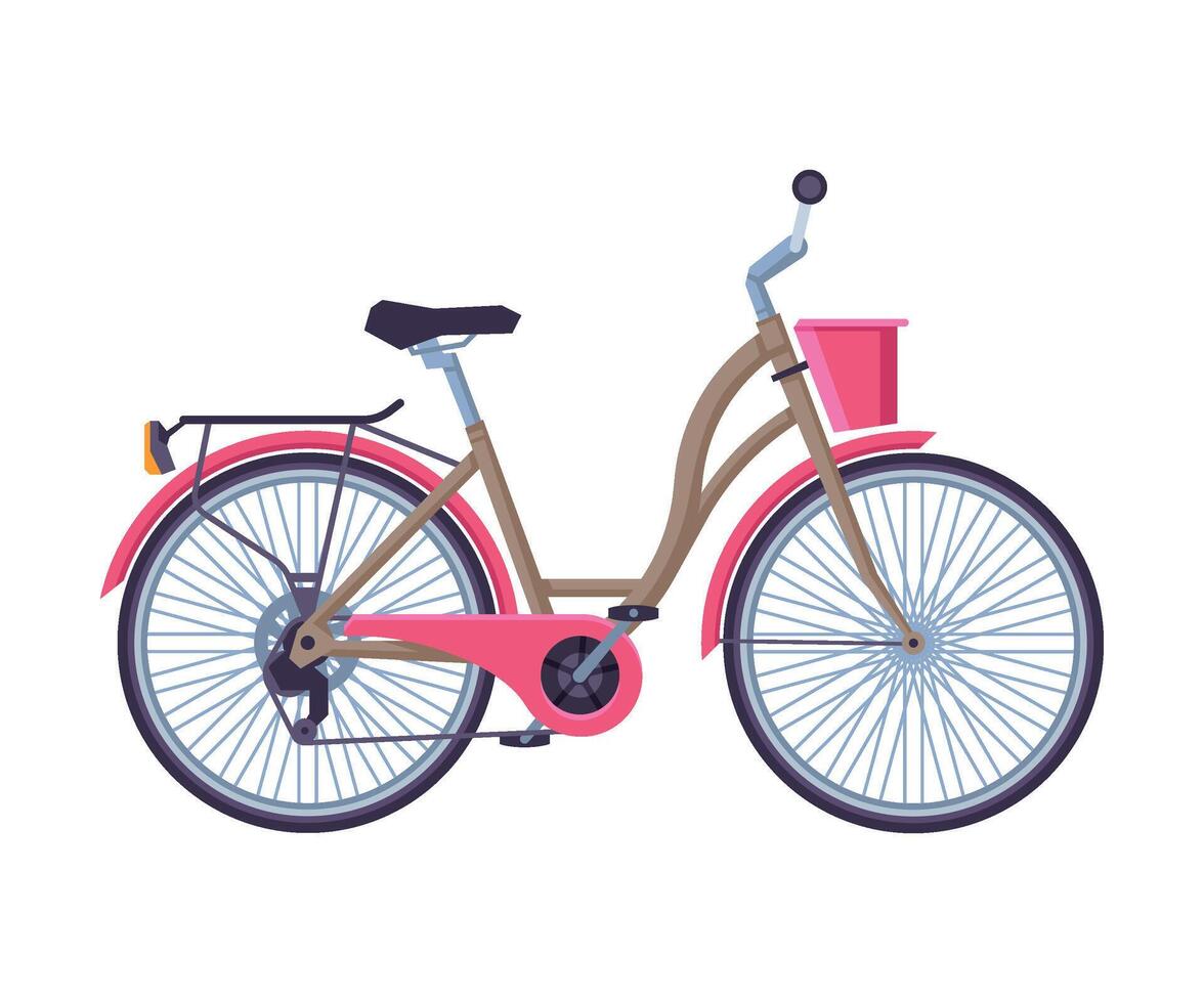 Retro City Bicycle with Basket, Ecological Sport Transport, Pink Bike Side View Flat Illustration vector