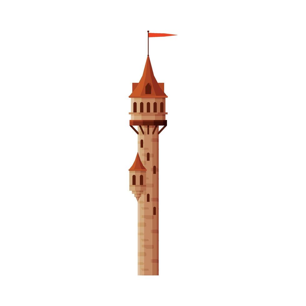Castle Tower with Red Flag, Part of Medieval Ancient Stone Fortress Illustration vector