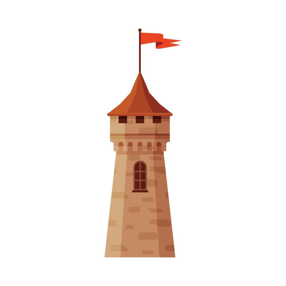 Castle Tower with Flag, Part of Medieval Ancient Fortress Illustration vector