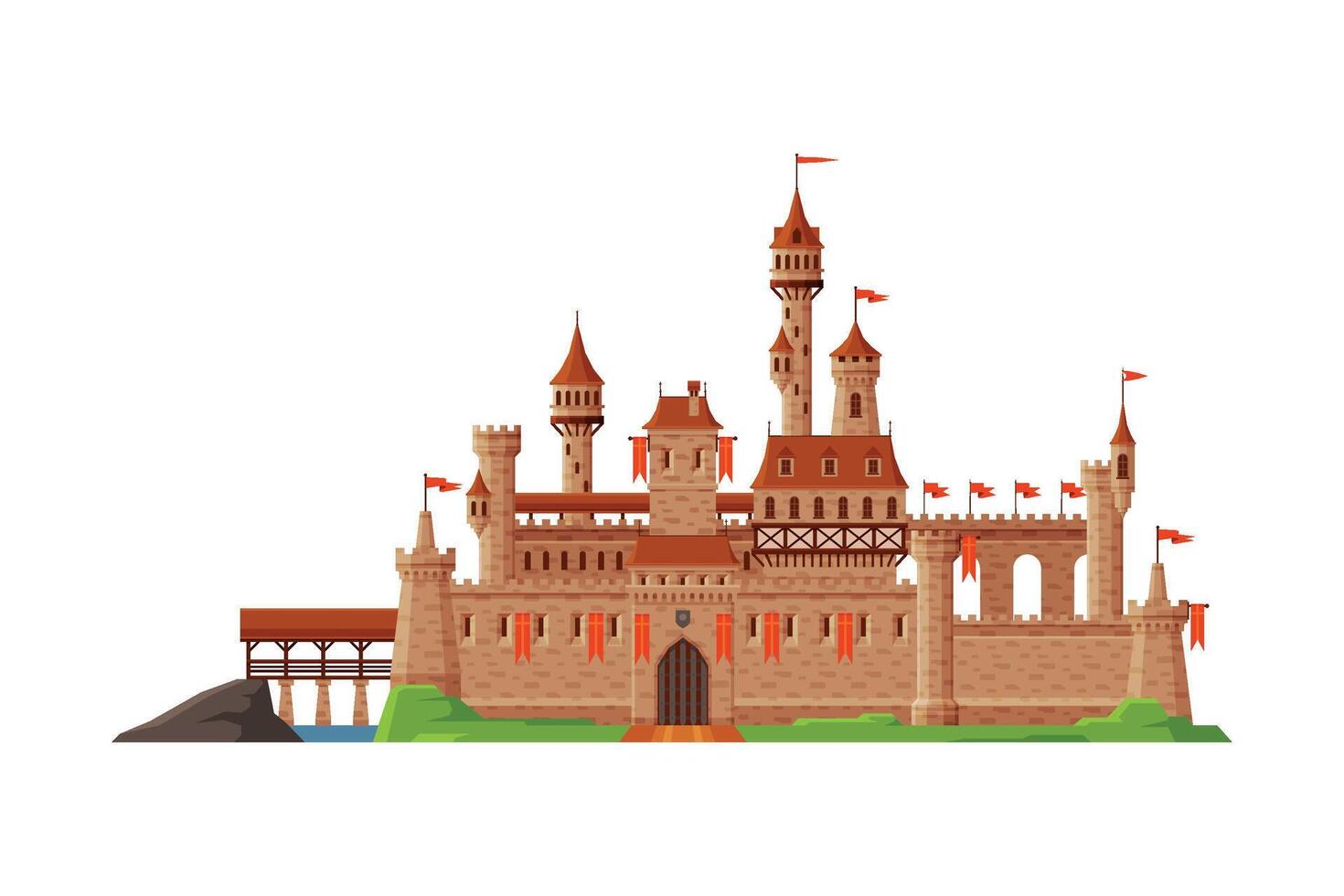 Medieval Castle with Red Flags, Ancient Stone Fortress Building Illustration vector