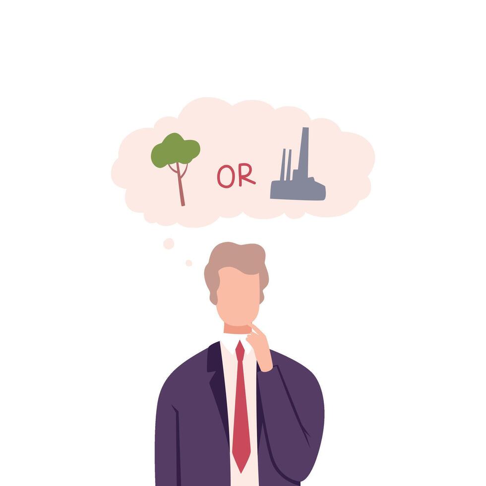 Businessman Trying to Make Decision, Environment or Industry, Guy Thinking about Environmental Protection Flat Illustration vector