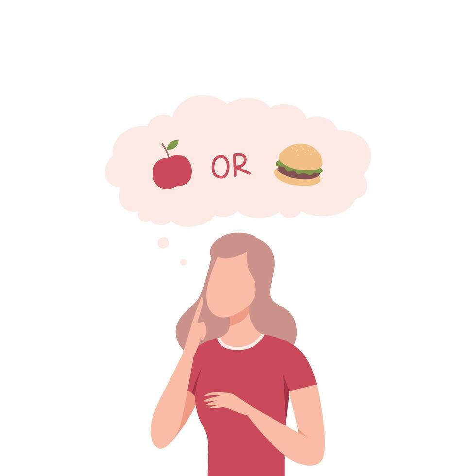 Girl Trying to Make Decision, Apple or Burger, Woman hoosing Between Healthy and Unhealthy Food Flat Illustration vector