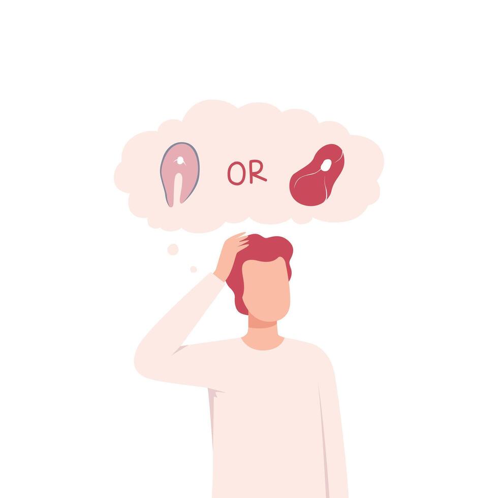 Man Trying to Make Decision, Fish or Meat, Guy hoosing Between Healthy and Unhealthy Food Flat Illustration vector