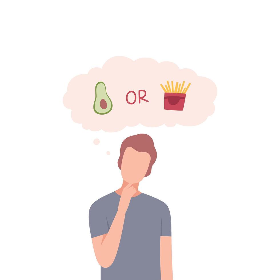 Man Trying to Make Decision, Avocado or French Fries, Guy hoosing Between Healthy and Unhealthy Food Flat Illustration vector