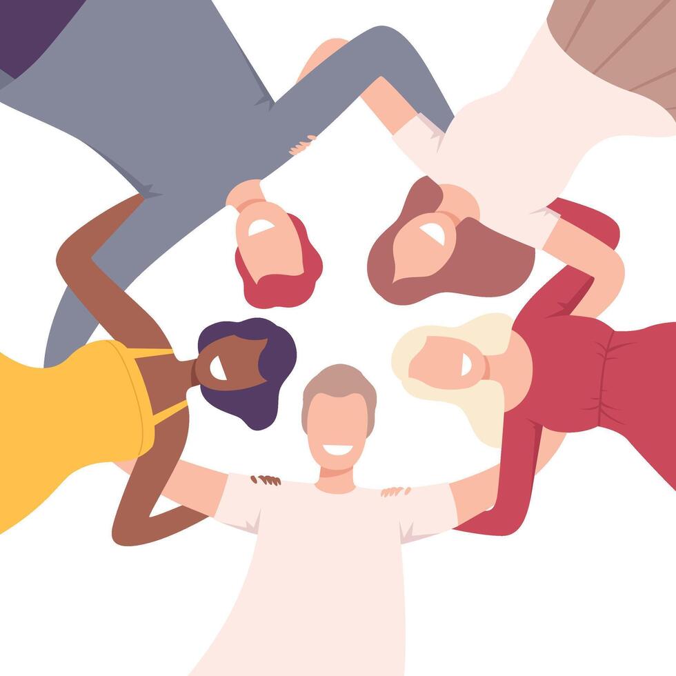 Group of Happy People Embracing Together in Circle, Low Angle View Flat Illustration vector
