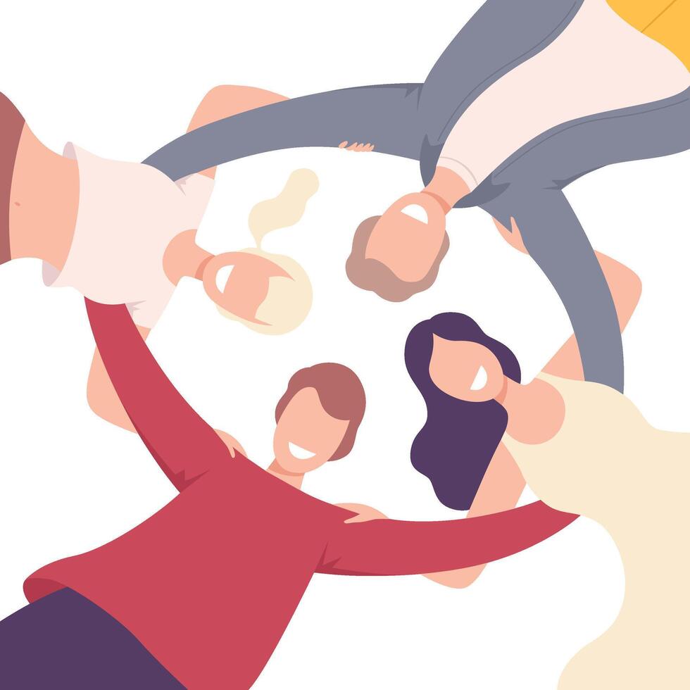 Group of Happy People Embracing Together in Circle, View from the Bottom Flat Illustration vector