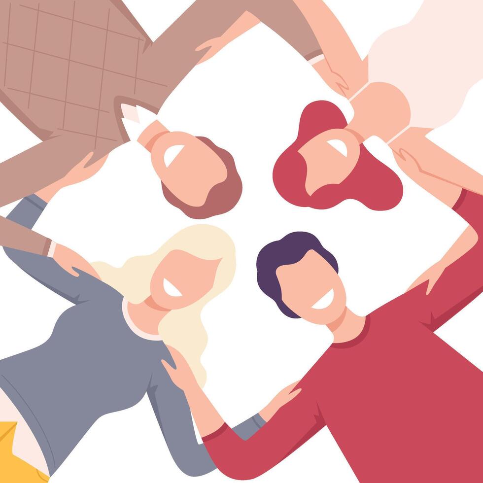 Group of Happy People Standing Together Forming Circle, View from the Bottom Flat Illustration vector