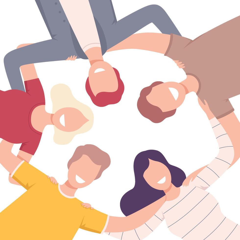 Group of Happy People Standing Together Forming Circle, Low Angle View Flat Illustration vector