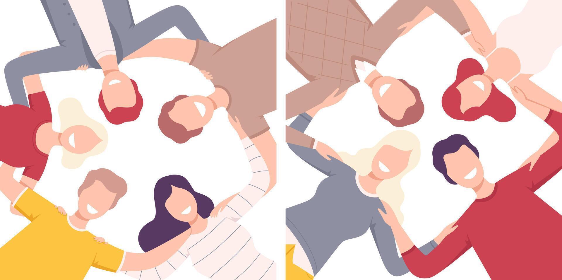 Group of Happy People Standing Together Forming Circle Set, View from the Bottom Flat Illustration vector