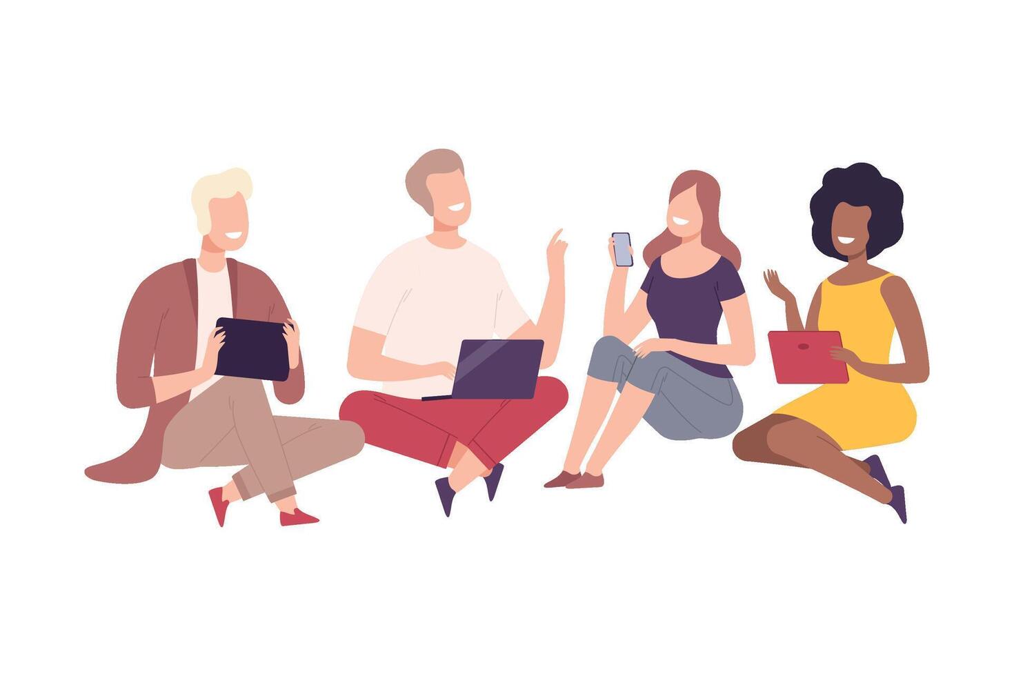 People with Modern Digital Gadgets, Men and Women Sitting and Communicating with Smartphone, Tablet, Laptop Flat Illustration vector