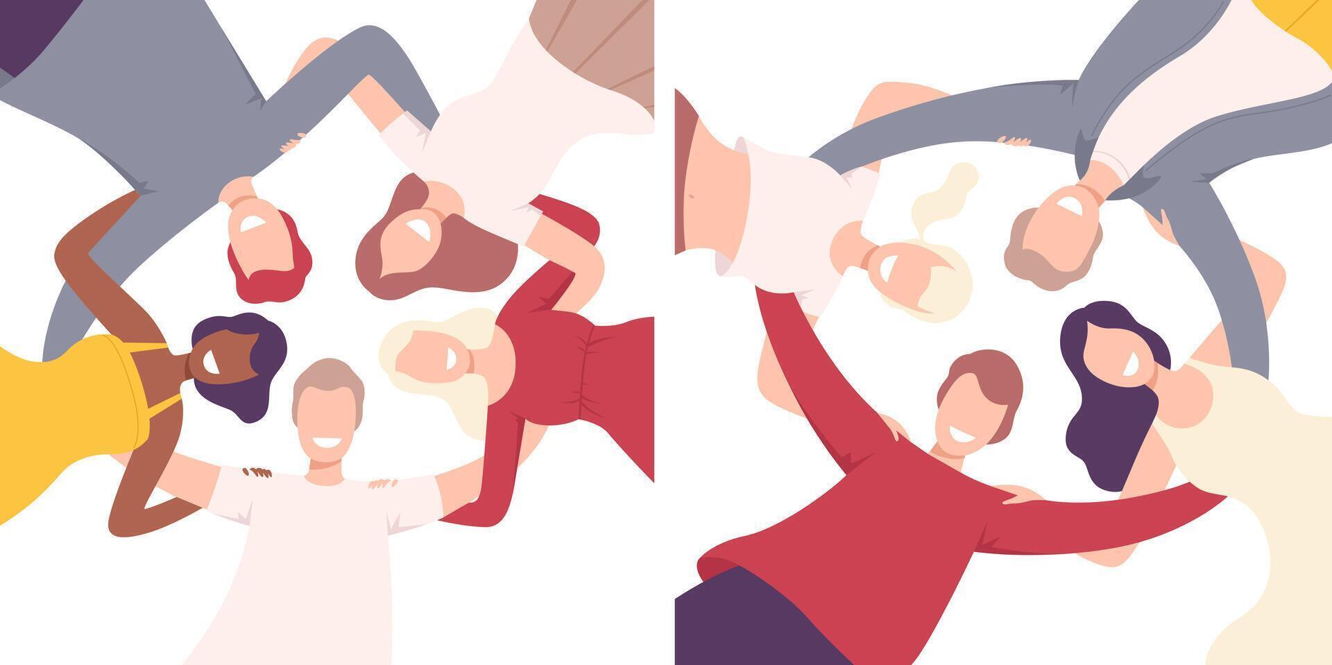 Happy People Embracing Together in Circle Set, Low Angle View Flat Illustration vector