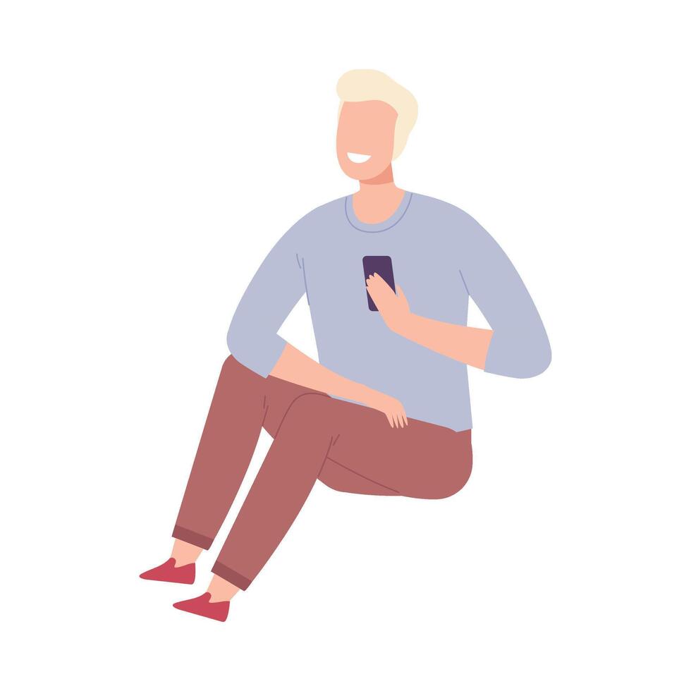 Young Man with Modern Digital Gadget, Guy Sitting on the Floor and Communicating People Flat Illustration vector