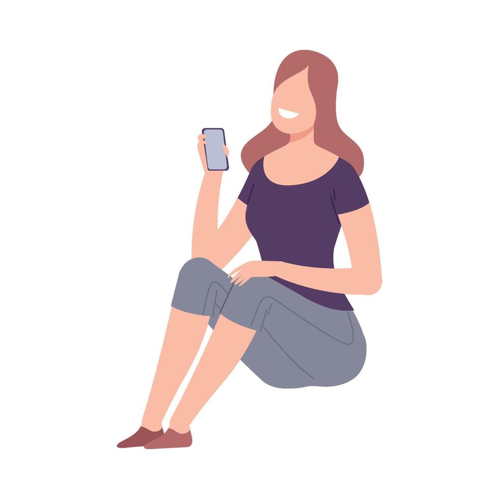 Smiling Woman with Modern Digital Gadget, Girl Sitting on the Floor and Communicating Using Her Smartphone Flat Illustration vector