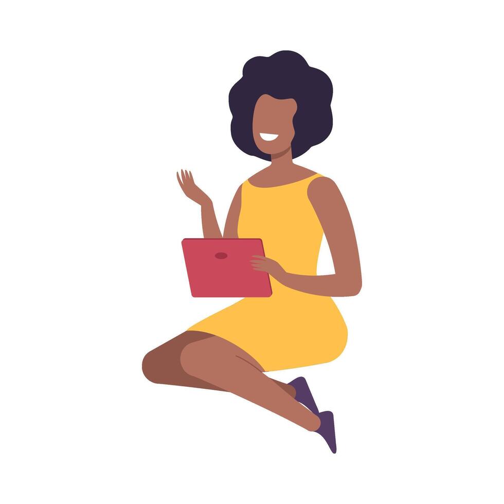 Smiling Woman with Modern Digital Gadget, Girl Sitting on the Floor and Communicating Using Her Tablet Flat Illustration vector