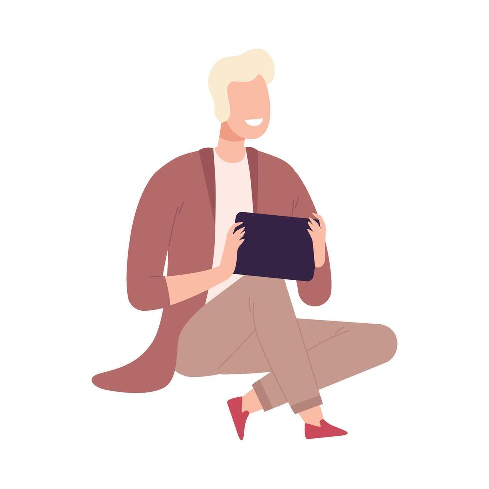 Young Man Sitting on the Floor with Modern Digital Gadget, Guy Communicating Using His Tablet Flat Illustration vector