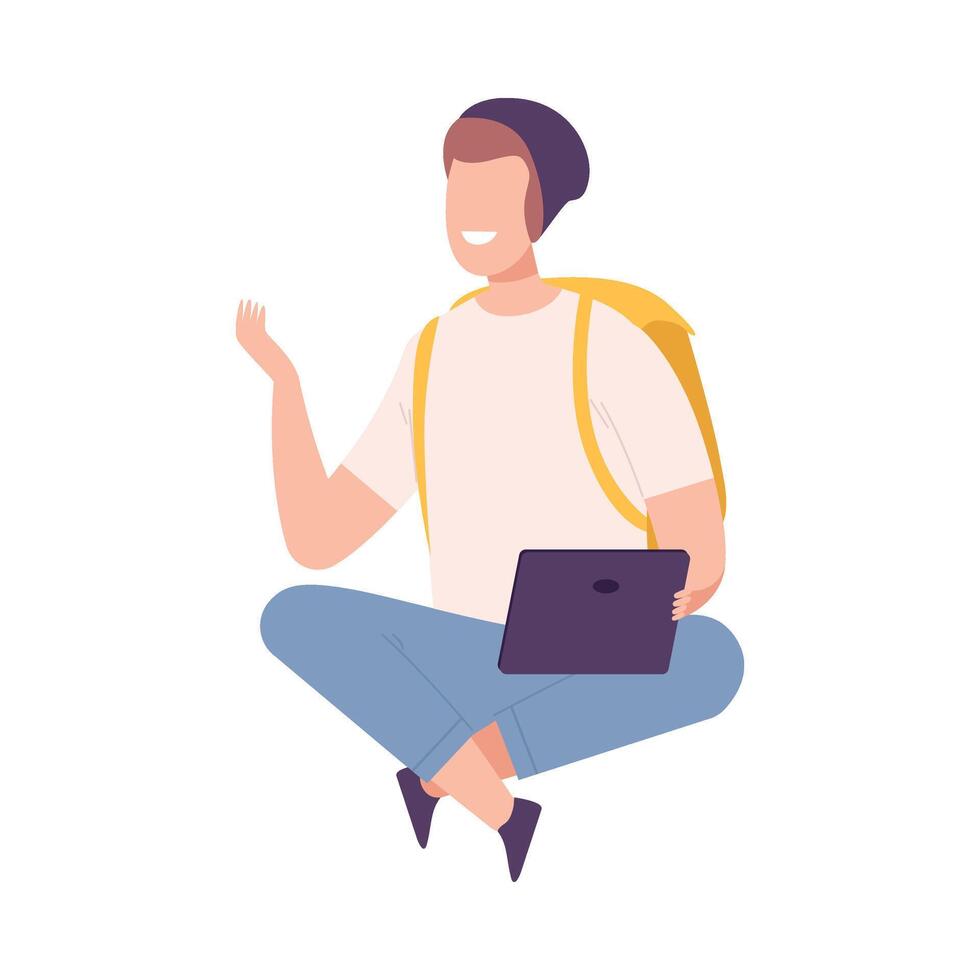 Smiling Young Man Wearing Beanie with Tablet, Guy Sitting on the Floor and Communicating People Flat Illustration vector