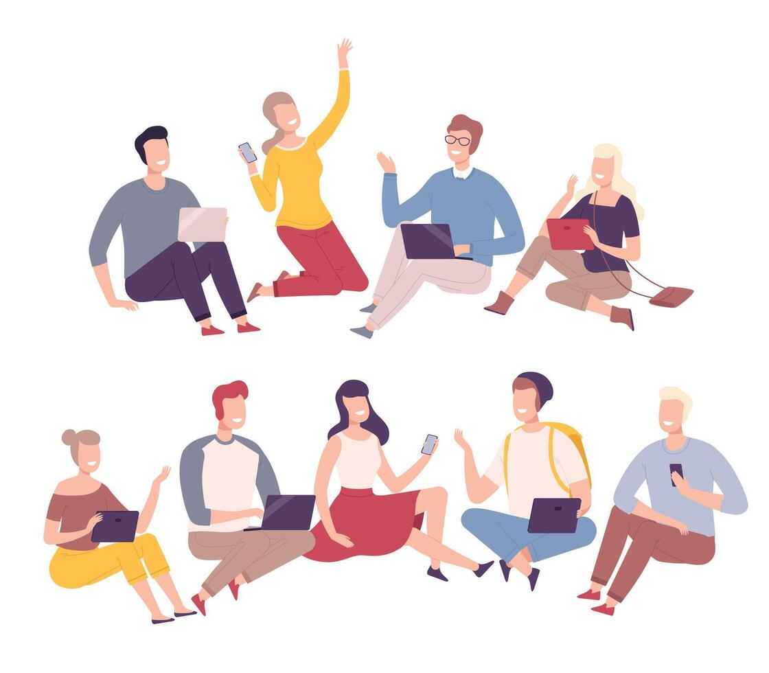 People with Digital Gadgets Set, Smiling Men and Women Sitting and Communicating with Smartphone, Tablet, Laptop Flat Illustration vector