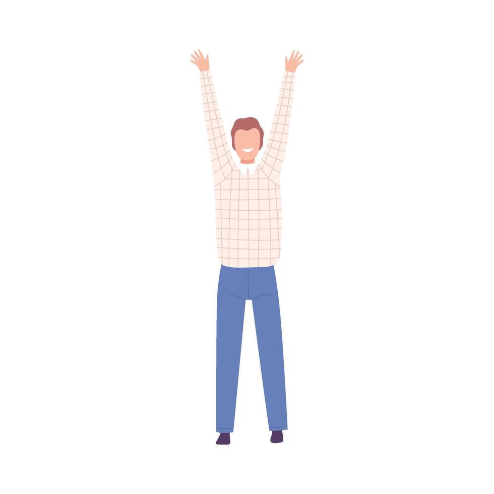 Happy Man Standing with Raising Hands, Male Character Having Fun or Celebrating Success Flat Illustration vector