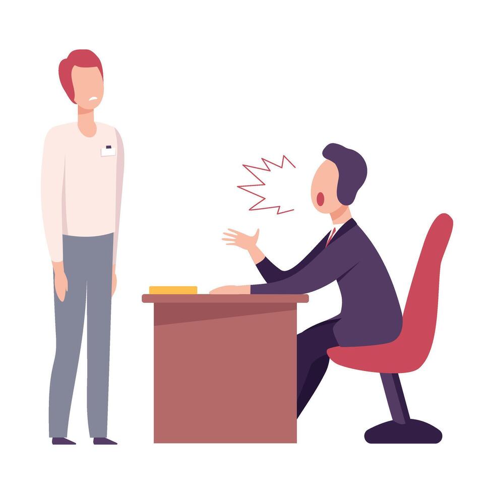 Rude Boss Threatening and Yelling to Male Office Worker, Stressful Working Environment Flat Illustration vector
