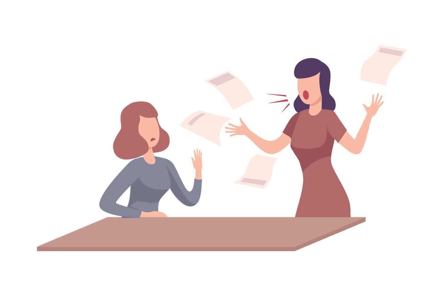 Female Boss Threatening and Yelling to Female Office Worker, Frightened Employee Shocked by Furious Manager, Stressful Working Environment Flat Illustration vector