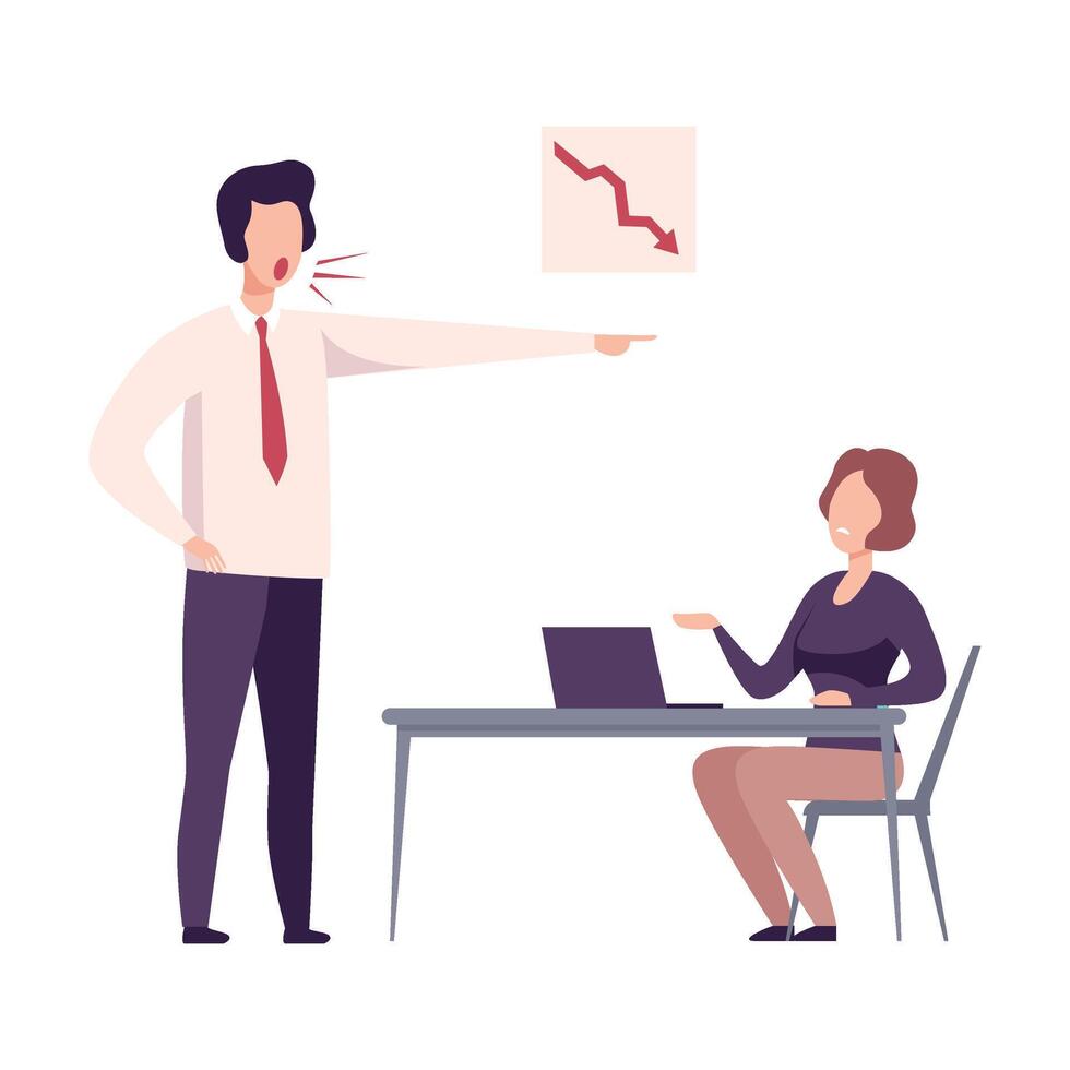 Rude Boss Yelling to Female Office Worker, Stressful Working Environment Flat Illustration vector