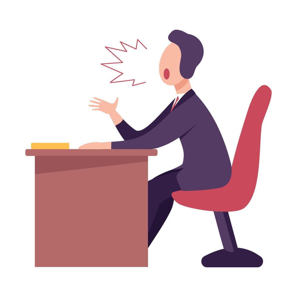 Angry Male Boss or Office Worker Character Sitting at the Desk and Yelling Flat Illustration vector