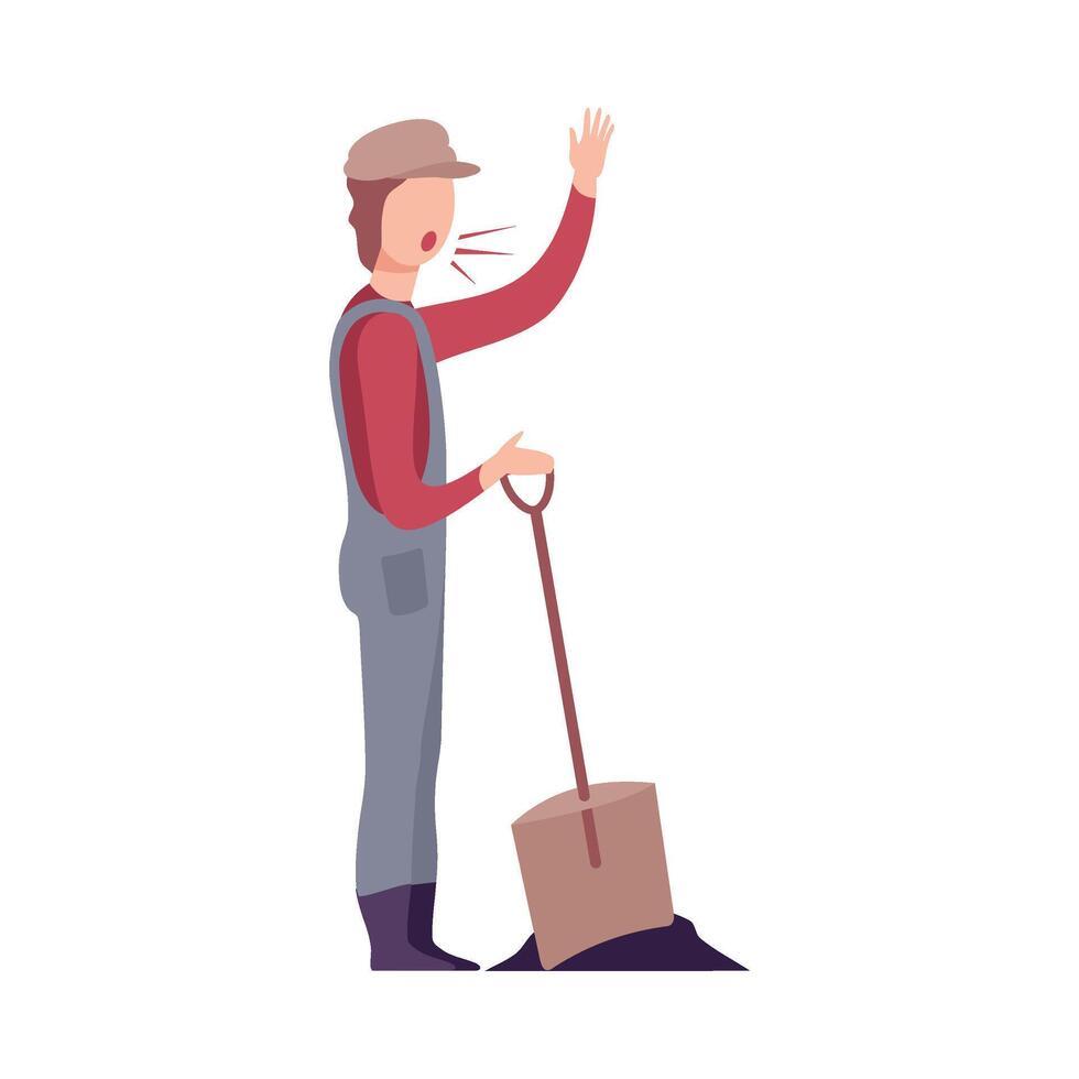 Angry Male Worker Handyman Character with Shovel Yelling Flat Illustration vector
