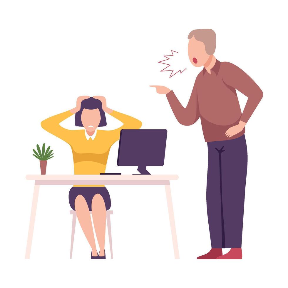 Rude Boss Yelling to Office Worker, Stressful Working Environment Flat Illustration vector