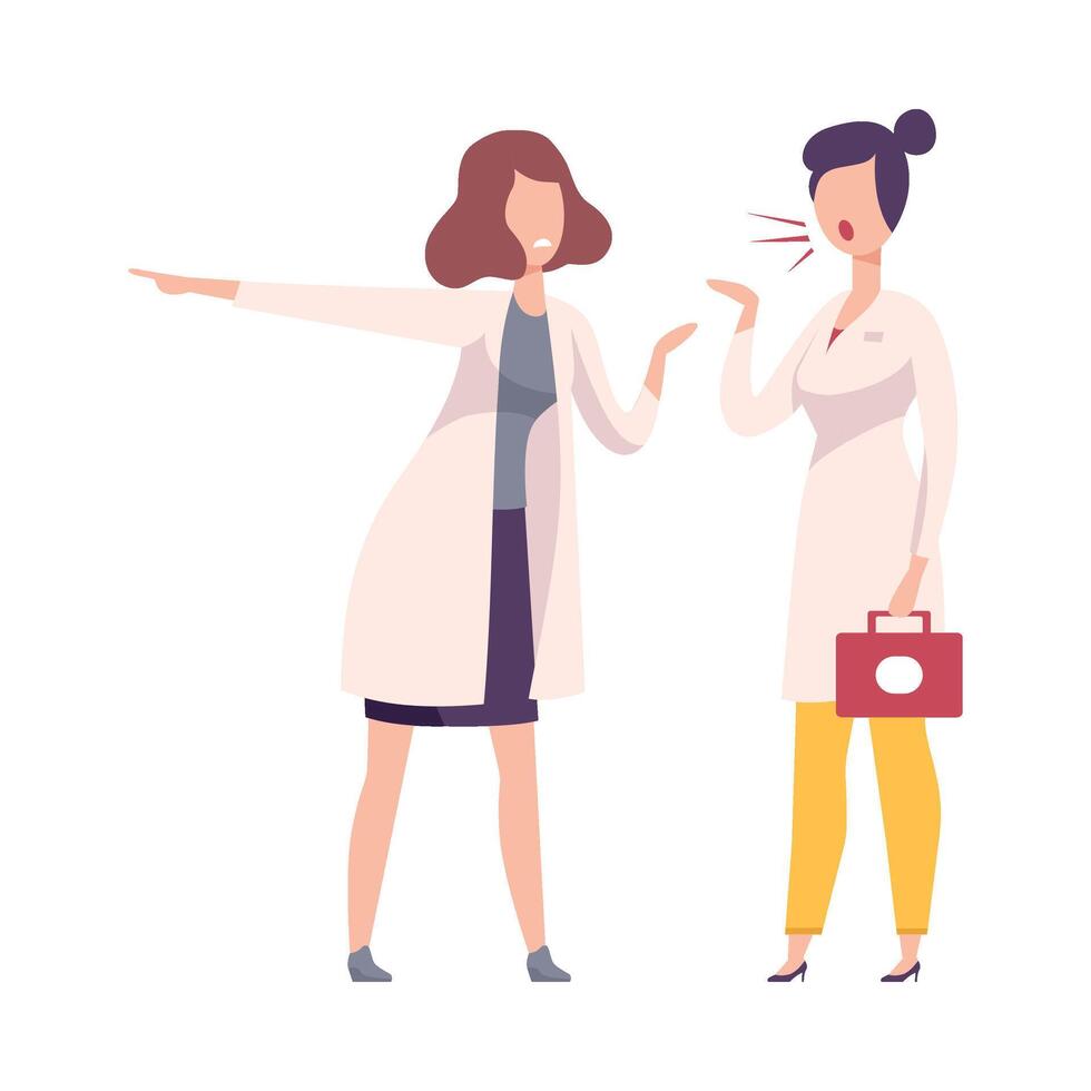 Furious Colleagues Arguing and Shouting, Two Female Doctors Characters Yelling at Each Other Flat Illustration vector