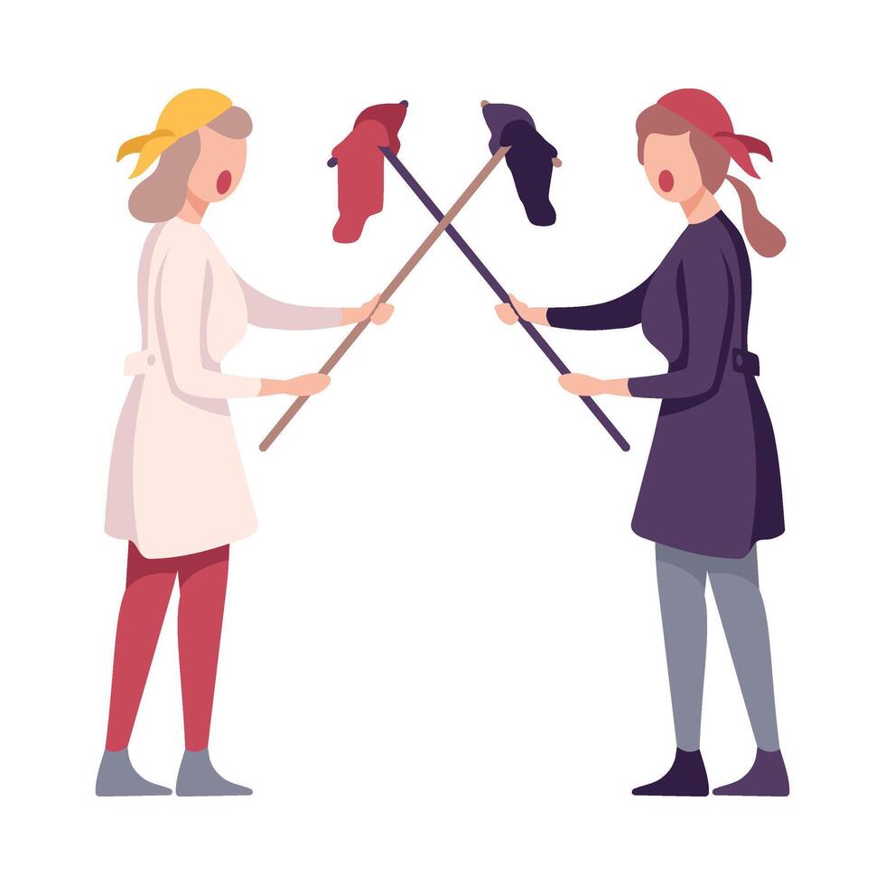Furious Colleagues Arguing and Shouting, Two Female Cleaning Service Workers Characters Yelling at Each Other Flat Illustration vector