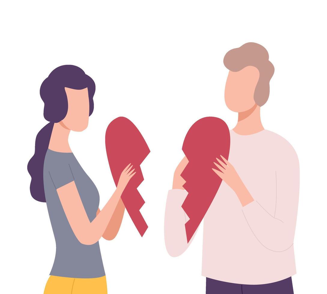 Young Man and Woman Trying to Connect Pieces Of Broken Heart, People Trying to Save Love and Friendship Flat Illustration vector