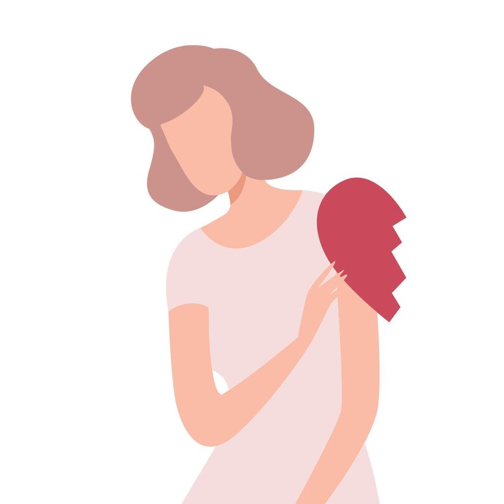 Lonely Frustrated Woman with Half of Broken Heart, Unrequited Love Flat Illustration vector